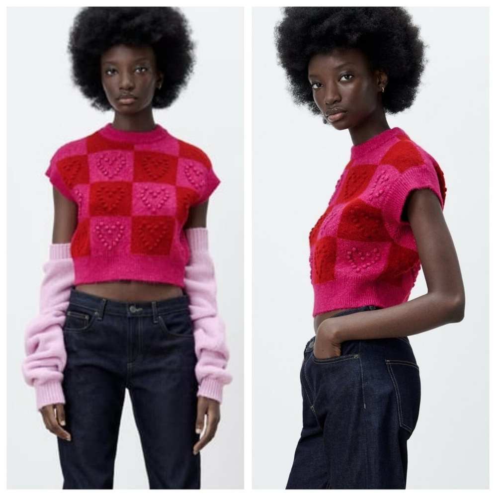 Zara Pink and Red Heart Checkered Sweater
